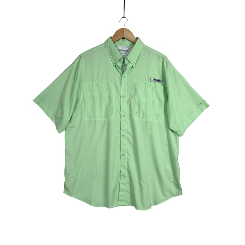 Columbia PFG Fishing Shirt Mens Large Green Short‎ Sleeve Vented Button Down